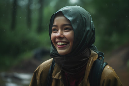 portrait of happy young asian muslim woman wearing hijab standing in rain forestの素材