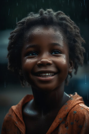 Portrait of a smiling african american little girl in rainの素材