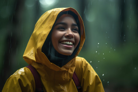 Happy young woman in raincoat and raincoat smiling and looking at cameraの素材