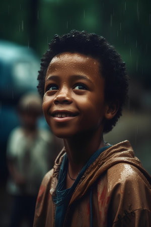 Portrait of a smiling african american little girl in rainの素材
