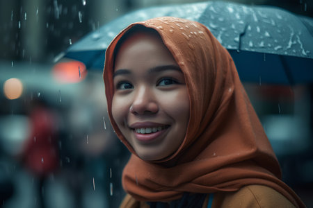 Portrait of beautiful young asian muslim woman wearing hijab smiling and looking at camera while standing under the rainの素材
