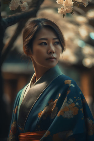 Beautiful asian woman in kimono with sakura blossomの素材
