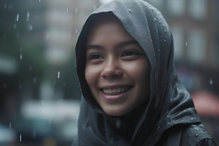 Portrait of a beautiful asian muslim woman wearing hijab smiling in the rainの素材