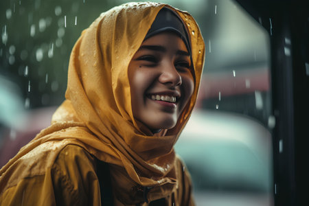 Portrait of a young muslim woman wearing hijab and smiling while standing in the rainの素材