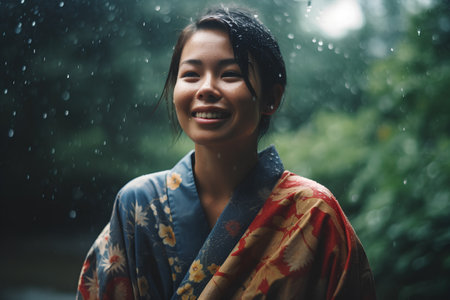 Portrait of a beautiful asian woman in kimono under rainの素材