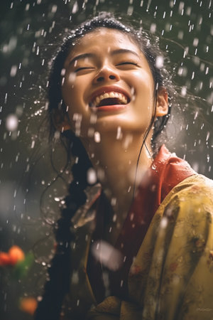 Portrait of a happy young asian woman laughing under the rainの素材
