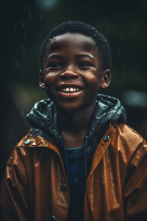 Portrait of a happy african american little boy in rainの素材