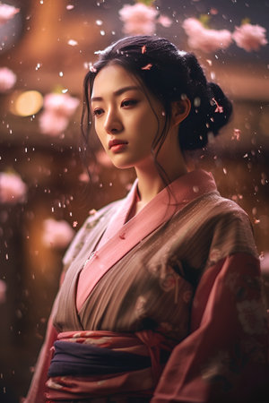 Beautiful asian woman in kimono with cherry blossomの素材