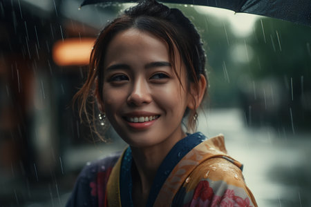 Portrait of a beautiful Asian woman with umbrella in the rain.の素材