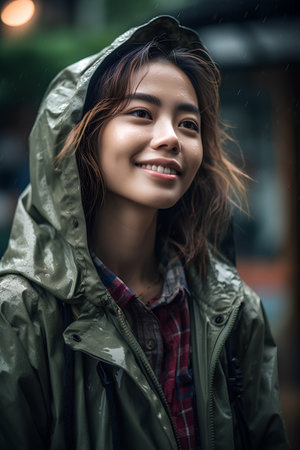 Portrait of smiling Asian woman with raincoat in rainy day.の素材