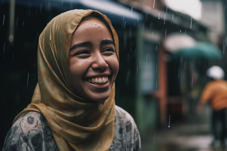 Beautiful muslim woman wearing hijab smiling while walking in the rainの素材