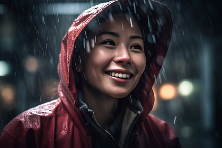 Portrait of a smiling asian woman wearing raincoat at nightの素材