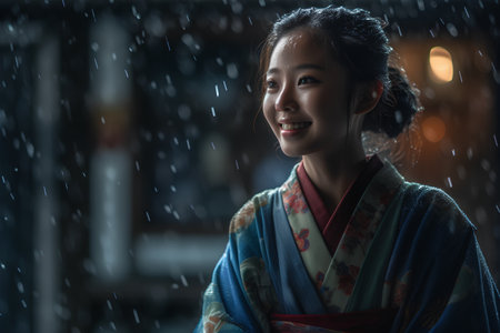 Beautiful asian woman wearing a kimono in the rainの素材