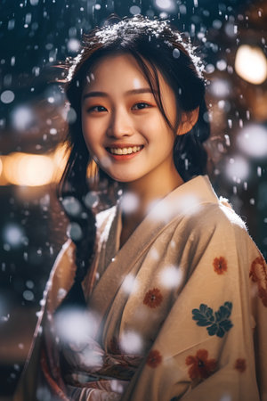 Beautiful asian girl in kimono with snow falling.の素材