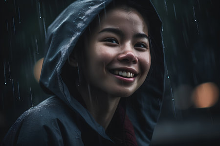 Young woman in raincoat smiling and looking at camera in rainy nightの素材