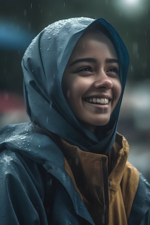 Portrait of beautiful young muslim woman smiling and looking at camera in rainの素材