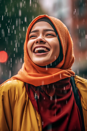 Portrait of happy asian muslim woman in hijab laughing and looking at camera while standing under rain on streetの素材