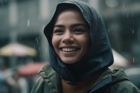 Portrait of young muslim woman in raincoat smiling and looking at cameraの素材