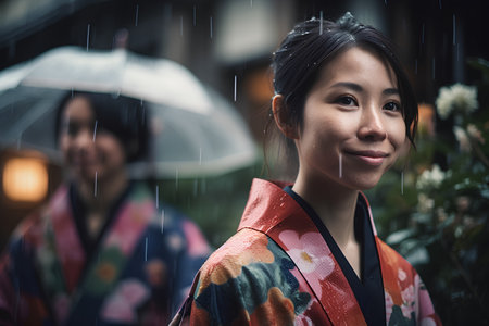Beautiful Japanese woman in kimono walking in the rain.の素材