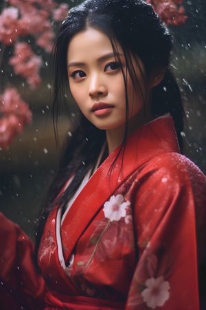 beautiful asian woman in red kimono in the rainの素材