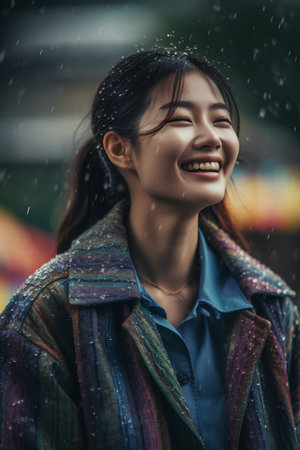 Beautiful young asian woman wearing coat and smiling under the rainの素材