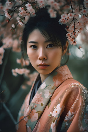 Beautiful japanese girl in kimono with cherry blossomの素材