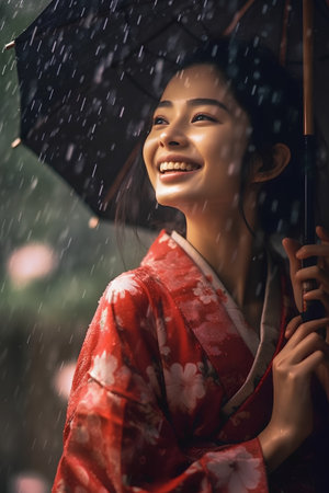 Beautiful asian woman in kimono with umbrella under rainの素材