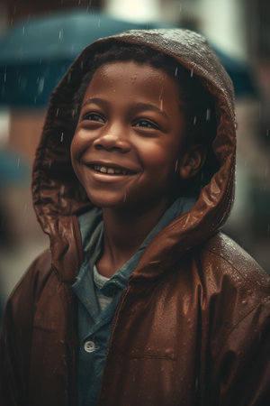 Little african american girl in raincoat smiling and looking at cameraの素材