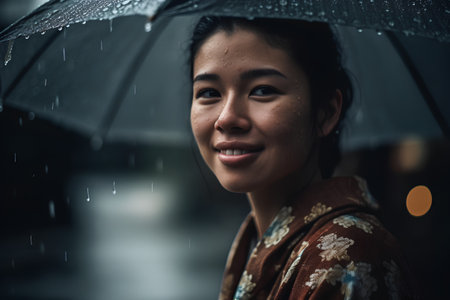 Portrait of happy Asian woman with umbrella under rain in rainy dayの素材