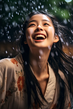 Portrait of a happy young asian woman laughing under the rain.の素材