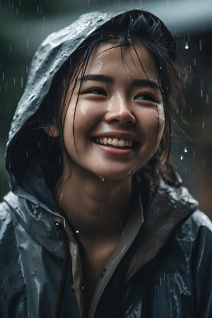 Portrait of a beautiful Asian woman in raincoat smiling and looking at cameraの素材