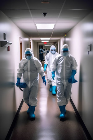 Coronavirus 2019-nCoV. Group of doctors in hazmat suits and masks walking in corridor.の素材