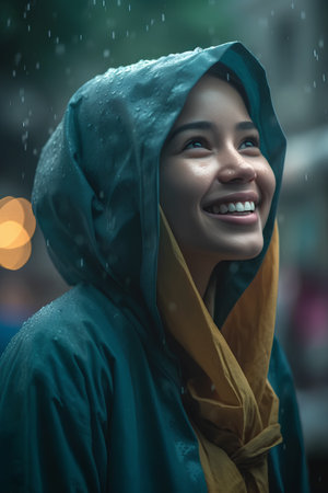 Portrait of smiling asian muslim woman in raincoat at nightの素材