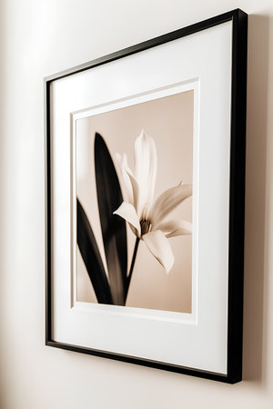 Flower in a frame on a white wall. 3d renderingの素材