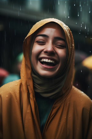 Portrait of a young muslim woman laughing in the rain.の素材
