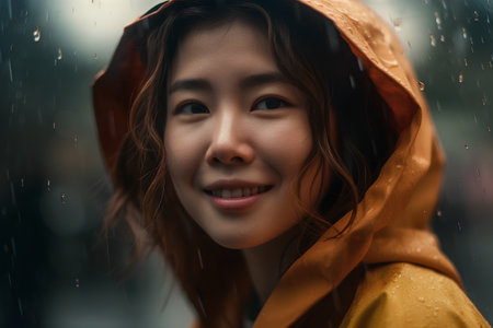 beautiful asian woman in raincoat looking at camera and smilingの素材