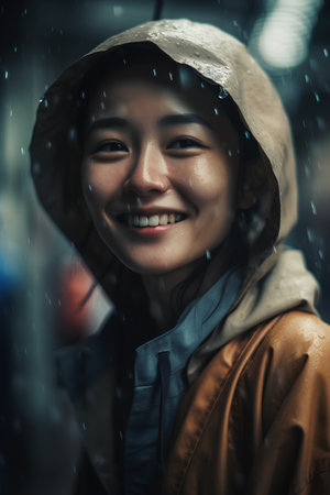 Portrait of a happy young woman wearing raincoat in rainy dayの素材