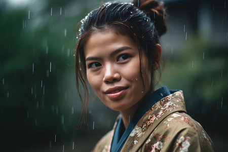 Portrait of beautiful asian woman in kimono and rainの素材