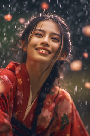 Portrait of a beautiful asian girl in a red kimono in the rainの素材