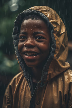 Portrait of a smiling african american little boy in raincoatの素材