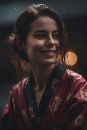 Portrait of a beautiful young woman in a kimono in the rainの素材