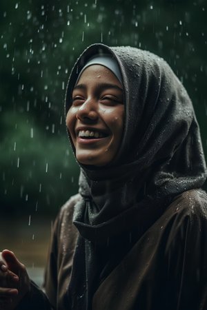 Portrait of a young muslim woman with hijab in the rainの素材
