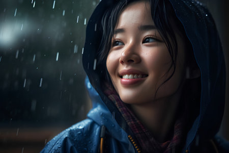 Portrait of beautiful asian woman in raincoat looking at camera.の素材