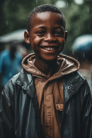 Portrait of smiling african american little boy under rain.の素材