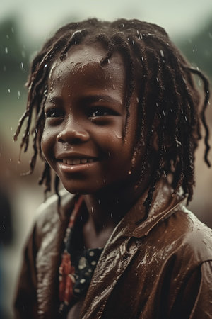 Portrait of an African little girl with braids in rain.の素材
