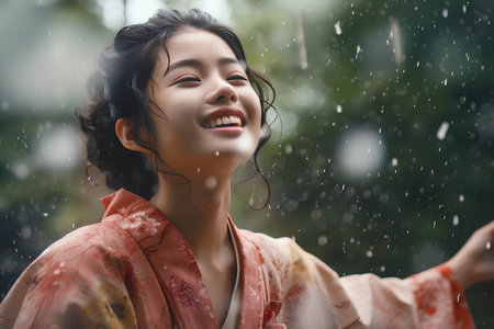 Beautiful young asian woman wearing japanese kimono in the rainの素材
