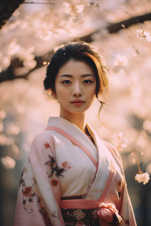 young pretty asian woman in kimono with sakura blossomの素材