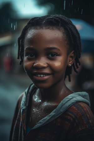 Portrait of a beautiful little african girl in the rain.の素材