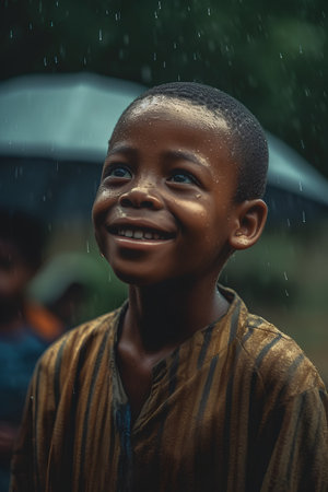 African boy in raincoat smiling and looking at the camera with a smileの素材