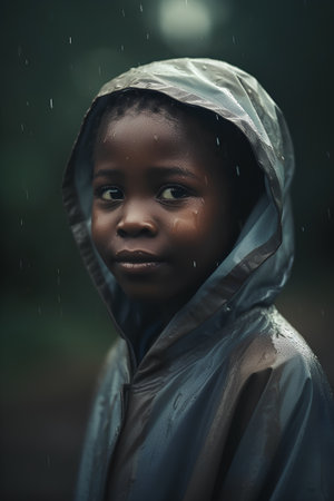 Portrait of a beautiful little african american girl in raincoat.の素材